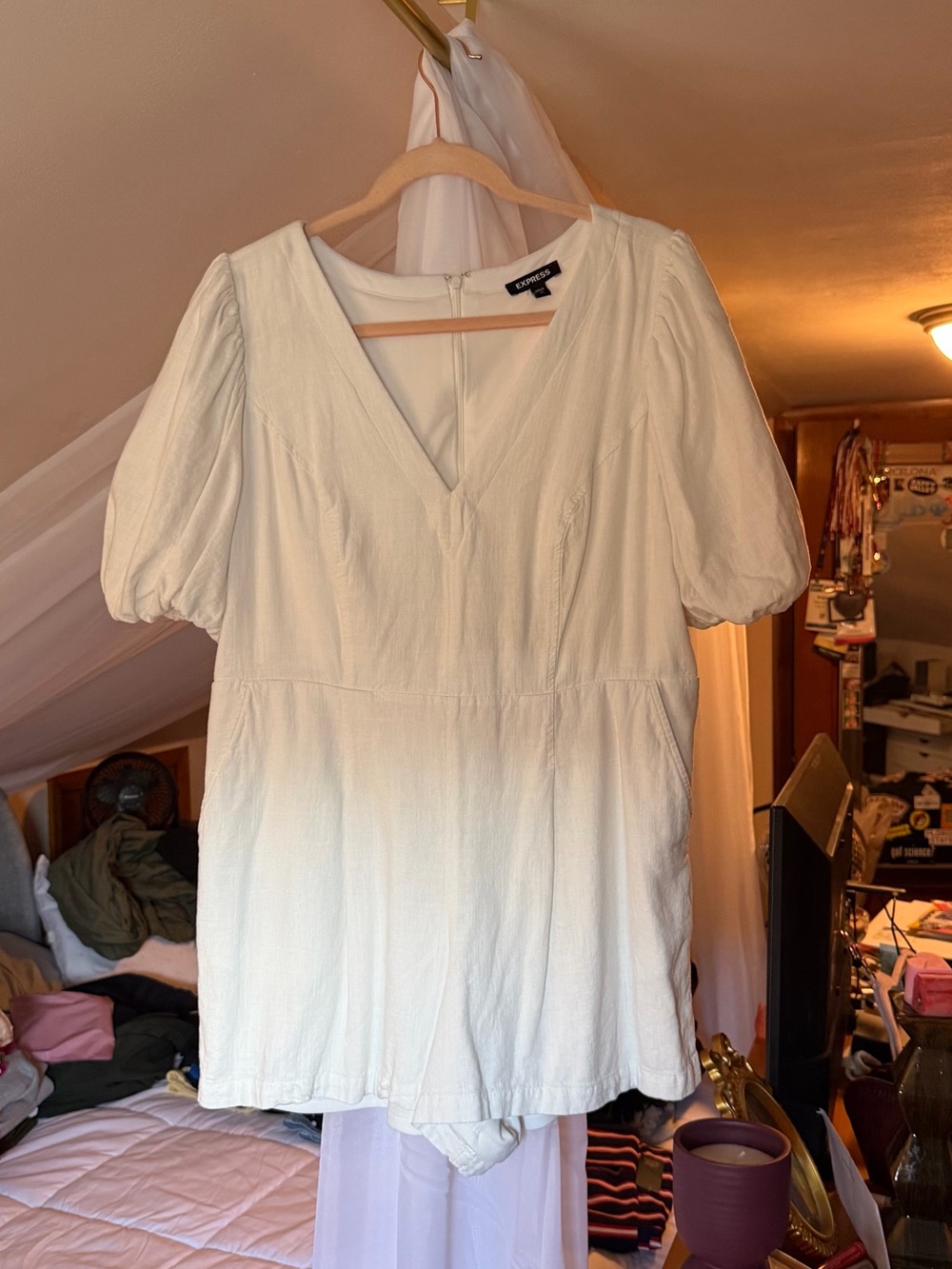 White V-Neck Puff Sleeve Romper